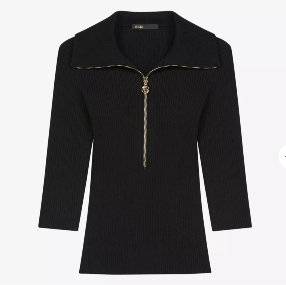 Maje Black Ribbed Zip-Front Top with Gold Hardware
